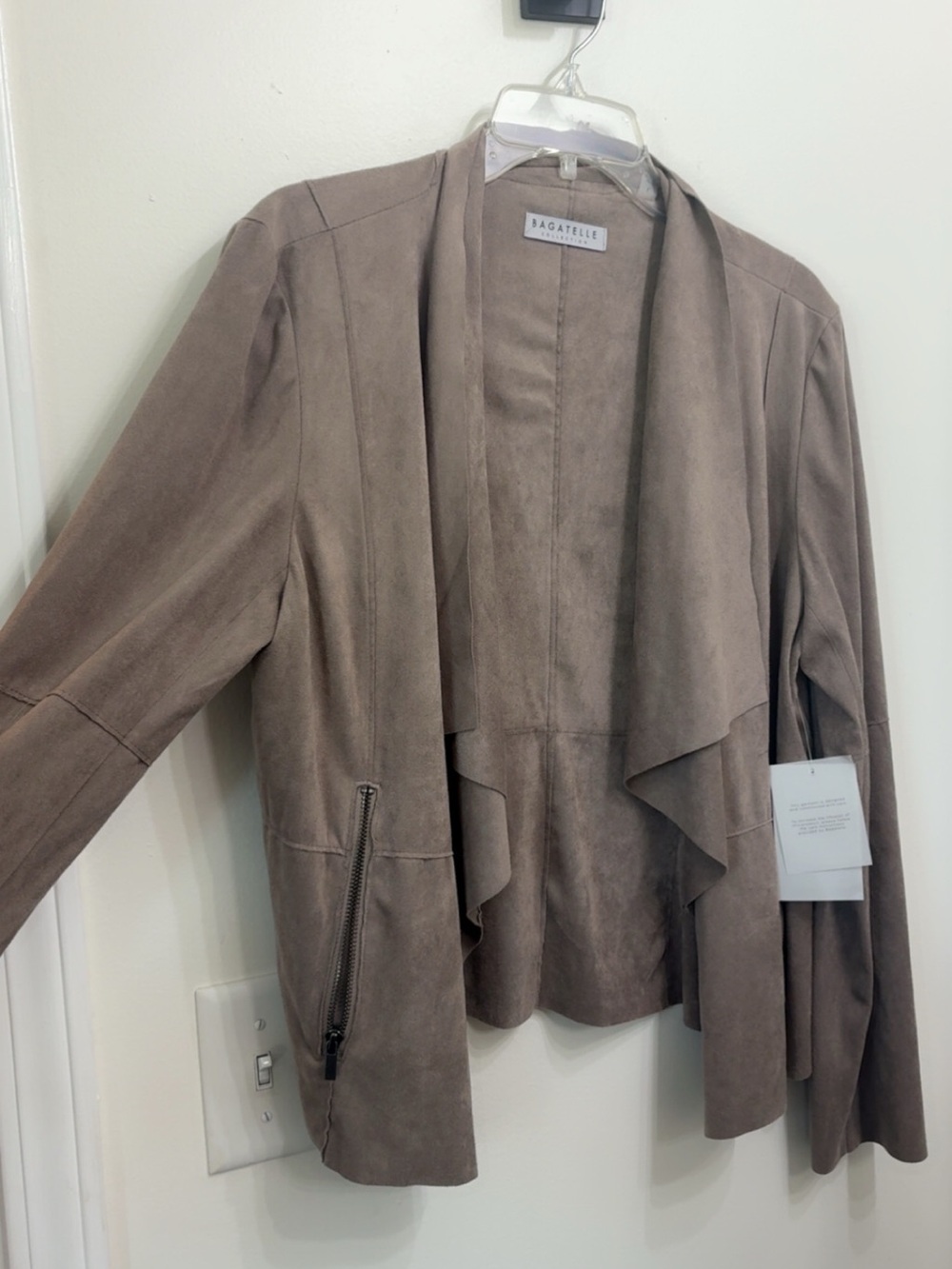 bagatelle Taupe Draped Suede-Look Open Front Jacket L